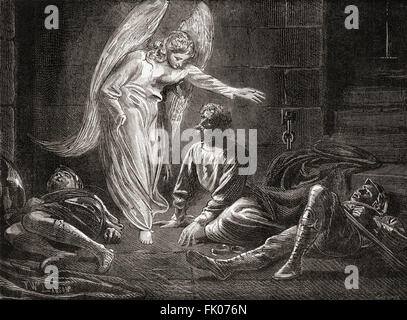 Die Befreiung des Heiligen Petrus aus dem Gefängnis des Herodes von einem Engel.  Aus der Apostelgeschichte, neues Testament. Stockfoto