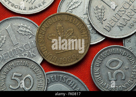 Münzen aus Deutschland. Eiche Zweig in der deutschen 10-Pfennig-Münze abgebildet. Stockfoto