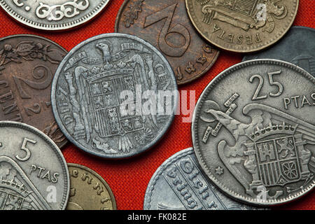 Münzen von Spanien unter Franco. Wappen von Spanien unter Franco dargestellt in den Spanisch-10 Céntimos Münzen (1941). Stockfoto