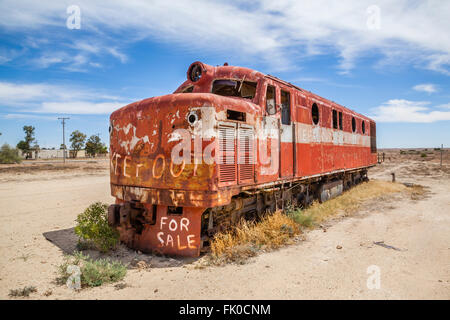 am alten Ghan Lokomotive in Marree Station, South Australia. Der alten Ghan-Eisenbahnstrecke wurde in den 1980er Jahren geschlossen. Stockfoto