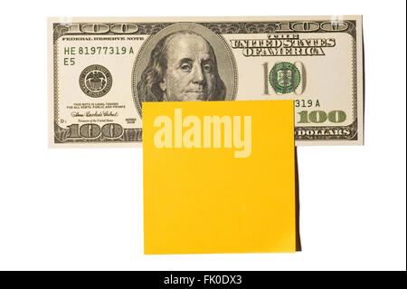 Hundert-Dollar-Note mit Gold Post-It Note Stockfoto