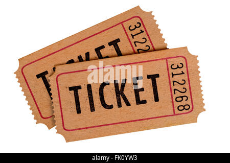 Zwei alte Kinokarten isoliert auf einem weißen Hintergrund. Stockfoto