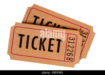 Zwei alte Tickets isoliert auf einem weißen Hintergrund. Stockfoto