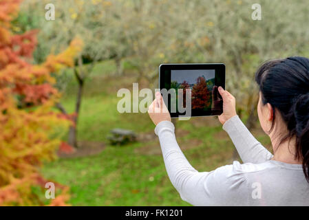 Frau mit Tablet im Herbst Park fotografieren Stockfoto