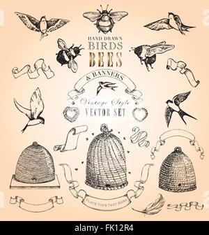 Vintage handgezeichnete Vögel Bienen und Banner-Elemente-Vektor-Set Stock Vektor