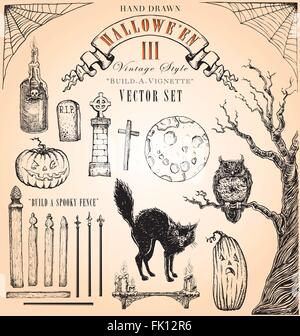 Vintage handgezeichnete Halloween Elemente Katze Vector Set Stock Vektor