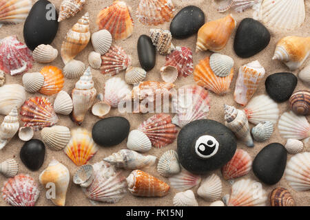 Pyramide Yinyang steht auf Muscheln und Steinen, als Hintergrund Stockfoto