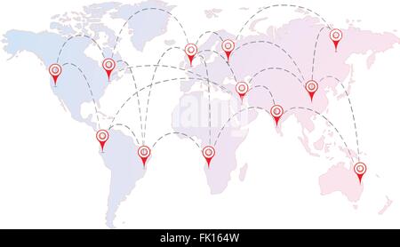 Flugverbindungen zwischen den Städten mit roten Pins auf der Weltkarte Stock Vektor