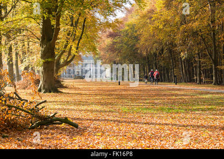 Radfahrenden Menschen auf Weg in Richtung Schloss Groeneveld in Baarn im Herbst, Niederlande Stockfoto