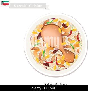 Kuwaitische Küche, Kabsa, Machboos oder Basmati-Reis mit Huhn und Gewürzen gewürzt. Ein beliebtes Gericht in Kuwait. Stock Vektor