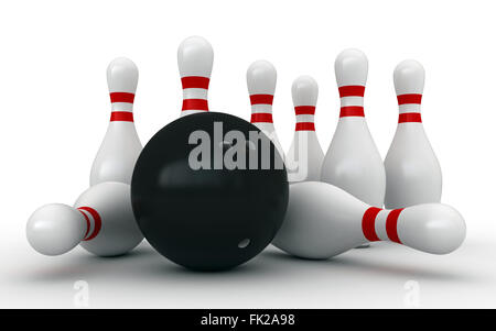 3D Render von bowling-Pins und Ball auf weißem Hintergrund Stockfoto