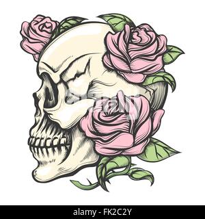 Menschlicher Schädel mit Rosen im Tattoo-Stil gezeichnet. Isoliert auf weiss. Stock Vektor