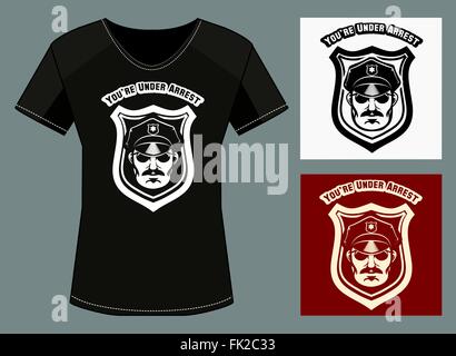 T-Shirt drucken Vorlage mit Polizist Kopf und Formulierung, die Sie in Haft sind. Kostenlose Schriftart verwendet. Stock Vektor