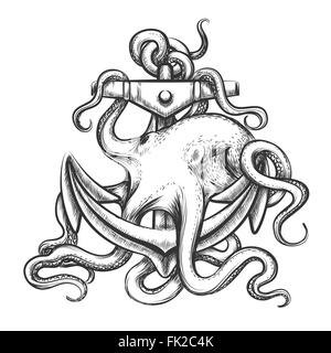 Oktopus mit einem Anker im Tattoo-Stil gezeichnet. Isoliert auf weiss. Stock Vektor