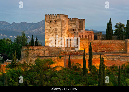 Abendlicht an der Alcazaba von der Alhambra, Granada, Andalusien, Spanien Stockfoto