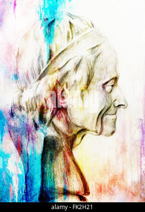 Hand gezeichneten Kopf, Abbildung halbe Gesicht. Gips Büste Bleistift gezeichnet. Profilbildnis. Stockfoto