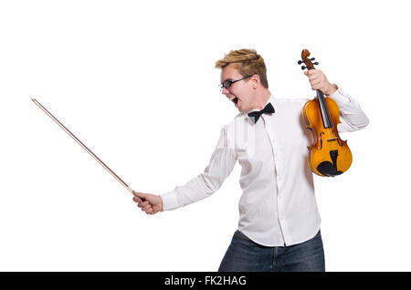 Junge lustige Geigerspieler isoliert auf weiss Stockfoto