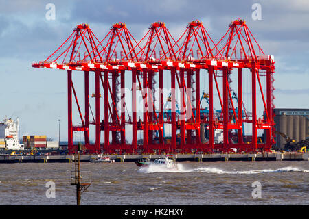 Operative Cantilever Rail-Mounted Gantry (CRMG)-Krane; New Brighton, Wallasey. März 2016. Wetter in Großbritannien. Wettbewerb zum Muttertag im Seefischen. Seefischen die Mersey hinter dem Fort Perch Rock, New Brighton ist sehr beliebt. Der Hauptfang ist Whiting und Dabs, eine Cod Show, aber nicht in der Anzahl, die an anderen Marken weiter den Fluss Mersey entlang gefunden wird. New Brighton ist mit seiner erstklassigen Lage an der Küste, genau wie der Fluss Mersey auf die Irische See trifft, ein idealer Angelplatz. Der Strand rund um Fort Perch Rock kann bis zu fünf Stunden Angelzeit auf beiden Seiten der Ebbe bieten. Stockfoto