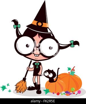 Cartoon Halloween Hexe mit einem Besen und einer schwarzen Katze, die Kürbisblätter fegt. Halloween-Party mit Trick oder Treat. Vektorabbildung Stock Vektor