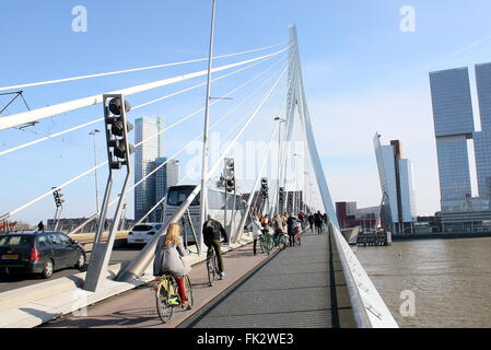 Radfahrer über die legendäre Erasmus Brücke (Erasmusbrücke), Rotterdam, Niederlande. Entworfen von Ben van Berkel, UNStudio, 1996 Stockfoto