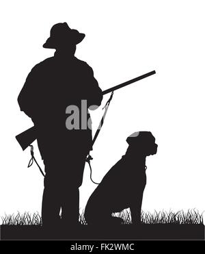 Jäger mit Hund, silhouette Stock Vektor