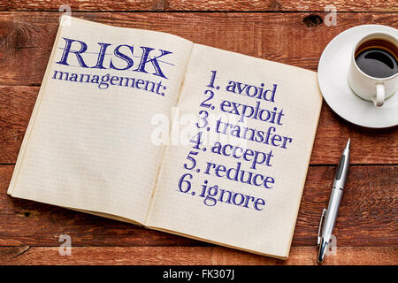 Risiko-Management-Strategien (zu vermeiden, nutzen, übertragen, zu akzeptieren, zu reduzieren, ignorieren) - Handschrift in ein altes Notizbuch Stockfoto