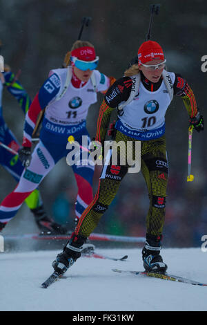 Oslo Holmenkollen, Oslo, Norwegen. 6. März 2016. IBU Biathlon Weltmeisterschaften. Franziska Hildebrand von Deutschland konkurriert im Verfolgungswettkampf Damen 10km während der IBU Biathlon-Meisterschaften in Holmenkollen Oslo, Norwegen. © Aktion Plus Sport/Alamy Live-Nachrichten Stockfoto