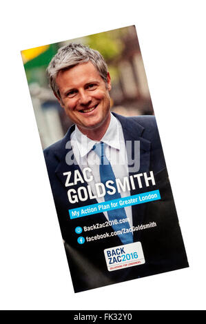 ConservativeParty Merkblatt für London Versammlung Wahl im Jahr 2016, Zac Goldsmith für das Bürgermeisteramt zu fördern. Stockfoto