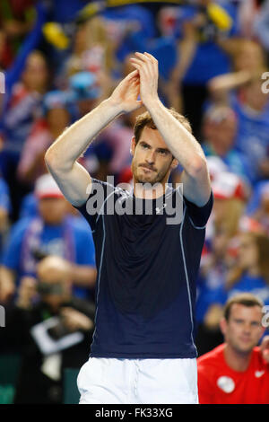 Barclaycard Arena, Birmingham, UK. 6. März 2016. Davis Cup Tennis World Group ersten Runde. Großbritannien im Vergleich zu Japan. Der Brite Andy Murray feiert ausgezeichneten Matchball am Ende seiner Einzel-Match gegen Japans Kei Nishikori am 3.Tag die Krawatte und Team GBR bis ins Viertelfinale. Bildnachweis: Aktion Plus Sport/Alamy Live-Nachrichten Stockfoto