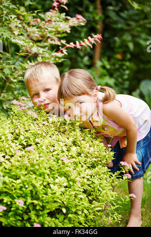 Zwei Kinder spielen verstecken und suchen im Garten und versteckt sich hinter einem Busch Stockfoto