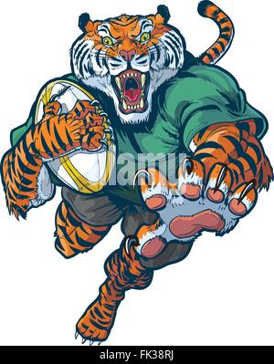 Cartoon Clip Art Vektorgrafik von harten mittleren Tiger Rugby-Maskottchen springen oder vorwärts springen mit Krallen aus. Stock Vektor