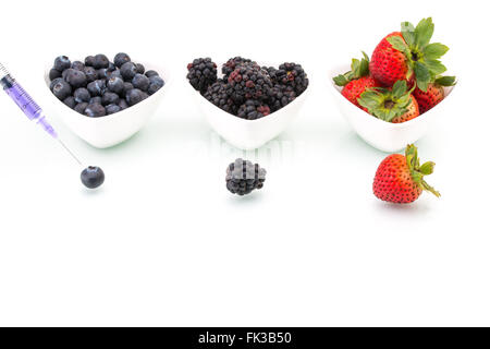 Gentechnik, Heidelbeere, Brombeere, Erdbeere, Frucht, Modifikation, gen, Nadel Stockfoto