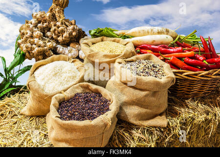 Vier Arten von Reis in kleinen Sackleinen Säcke und Bio-Gemüse auf Stroh. Stockfoto