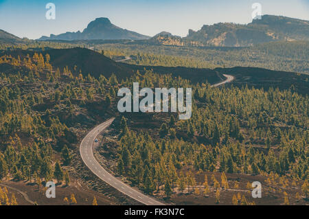 Kurvenreiche Straße im Teide-Nationalpark auf der Insel Teneriffa, Spanien Stockfoto