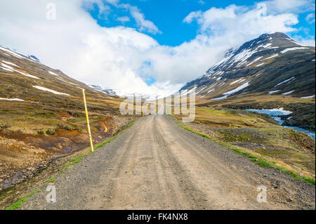 Schotterstraße auf dem Weg zum Mjoifjordur in Ost-Island Stockfoto