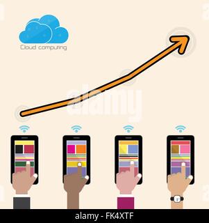 Flache Cloudtechnologie computing Hintergrund Konzept. Daten-Storage-Netzwerk trennen Internet-Technologie. Multimedia-Inhalte Stock Vektor