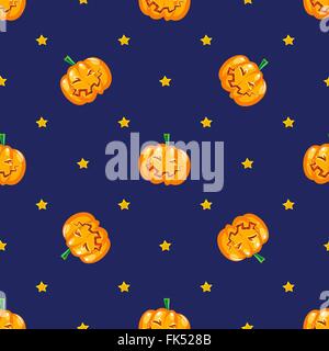 Nahtlose Muster in Vektor lustige Reifen Kürbis auf einem dunklen Sternenhimmel. Stock Vektor