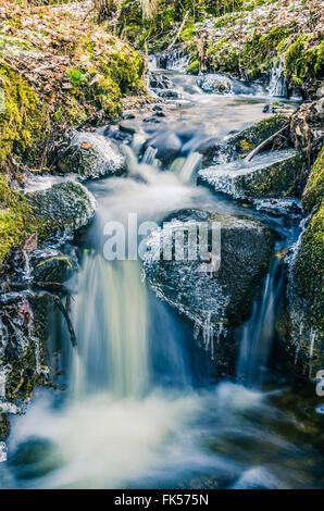 Die Strömung des Wassers im Frühjahr von Eiszapfen und Eis Stockfoto