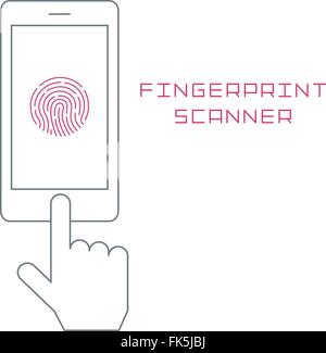 Fingerabdruck-Scan auf Smartphone Vektorgrafik flache Bauweise dünne Linie. Handy-Finger Identifikation Stock Vektor