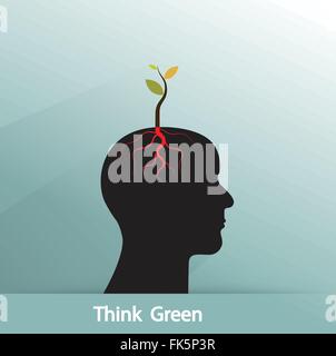 Denke, grüne Konzept. Baum der grüne Idee Shooting wachsen auf menschlichen Symbol. Geschäfts- und grüne industrielle Idee. Vektor-illustration Stock Vektor
