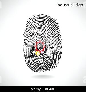 Kreative Idee Getriebekonzept mit Fingerabdruck-Symbol. Industrielle Zeichen, Geschäftsideen. Vektor-Illustration. Stock Vektor