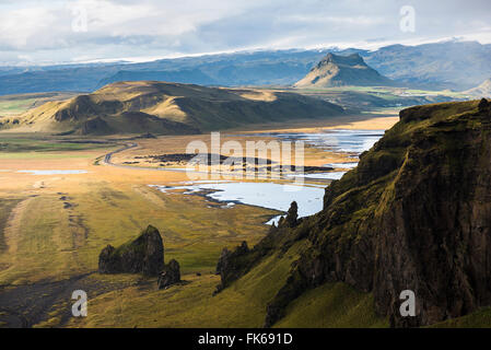 Blick auf den Sonnenuntergang von Dyrhólaey Halbinsel, in der Nähe von Vik, Polargebiete, Island, South Island (Sudurland) Stockfoto