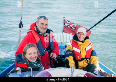 Segeln auf einem traditionellen Morecambe Bay Garnelen Boot (Prawner), Vereinigtes Königreich, Europa Stockfoto