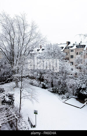 Schnee Landschaft in einem Hinterhof in Düsseldorf, Nordrhein-Westfalen, Deutschland Stockfoto