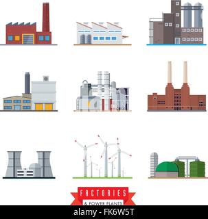 Set mit 9 flache Design Factory und Kraftwerk-Vektor-icons Stock Vektor