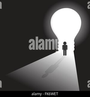 Geschäftsmann vor eine helle Glühbirne Tür, Geschäftsideen, Bildung concept.vector Abbildung. Stock Vektor