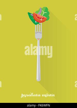 flaches Design lange Schatten-Vektor-Illustration von Insalata Mista auf einer Gabel Stock Vektor