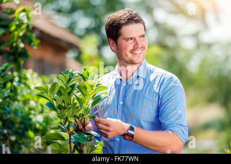 Gut aussehend Gärtner mit kleinen Baum, grüne sonniges Gemüt Stockfoto