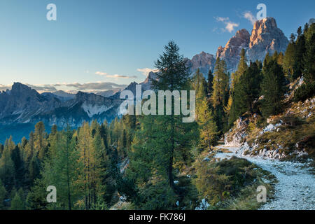 Blick über Cristallo und die Dolomiten von Ciadin del Luodo, Provinz Belluno, Region Venetien, Italien Stockfoto