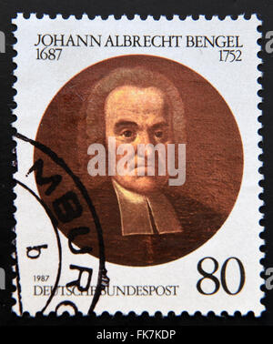 Deutschland - ca. 1987: Eine Briefmarke gedruckt in Deutschland zeigt Johann Albrecht Bengel (1687-1752), lutherischer Theologe, ca. 1987 Stockfoto